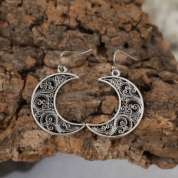 Crescent Moon Filagree Design Silver Dangle Earrings - Picture 4 of 5